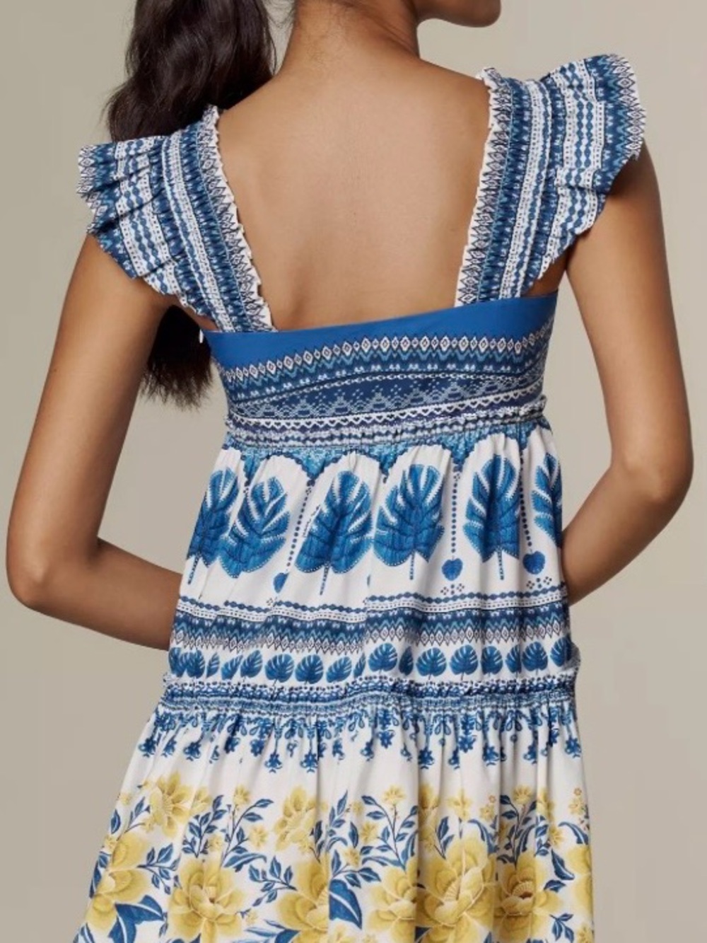 Farm Rio Zuli Dress 100% Cotton Smocked Bodice Ruffles Blue Yellow White Floral